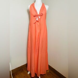 J Crew Maxi Dress Sz Small Peach Cotton Lightweight Beach Coastal Tie Front